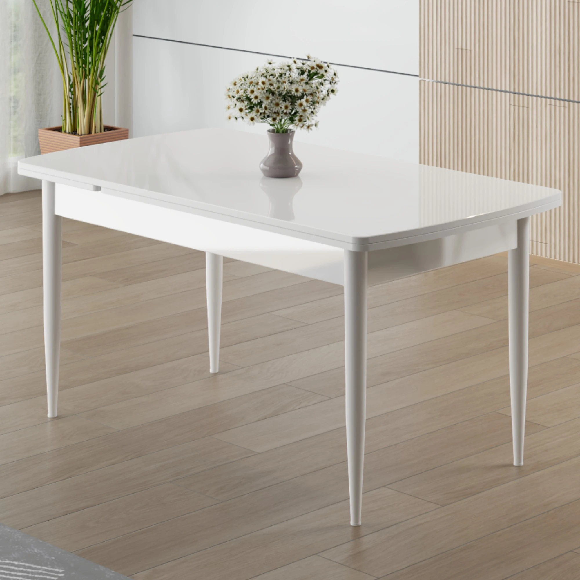 Asfel Serisi MDF 77x130 Beyaz Yandan Açılabilir Mutfak Masa Takımı 4 Sandalye