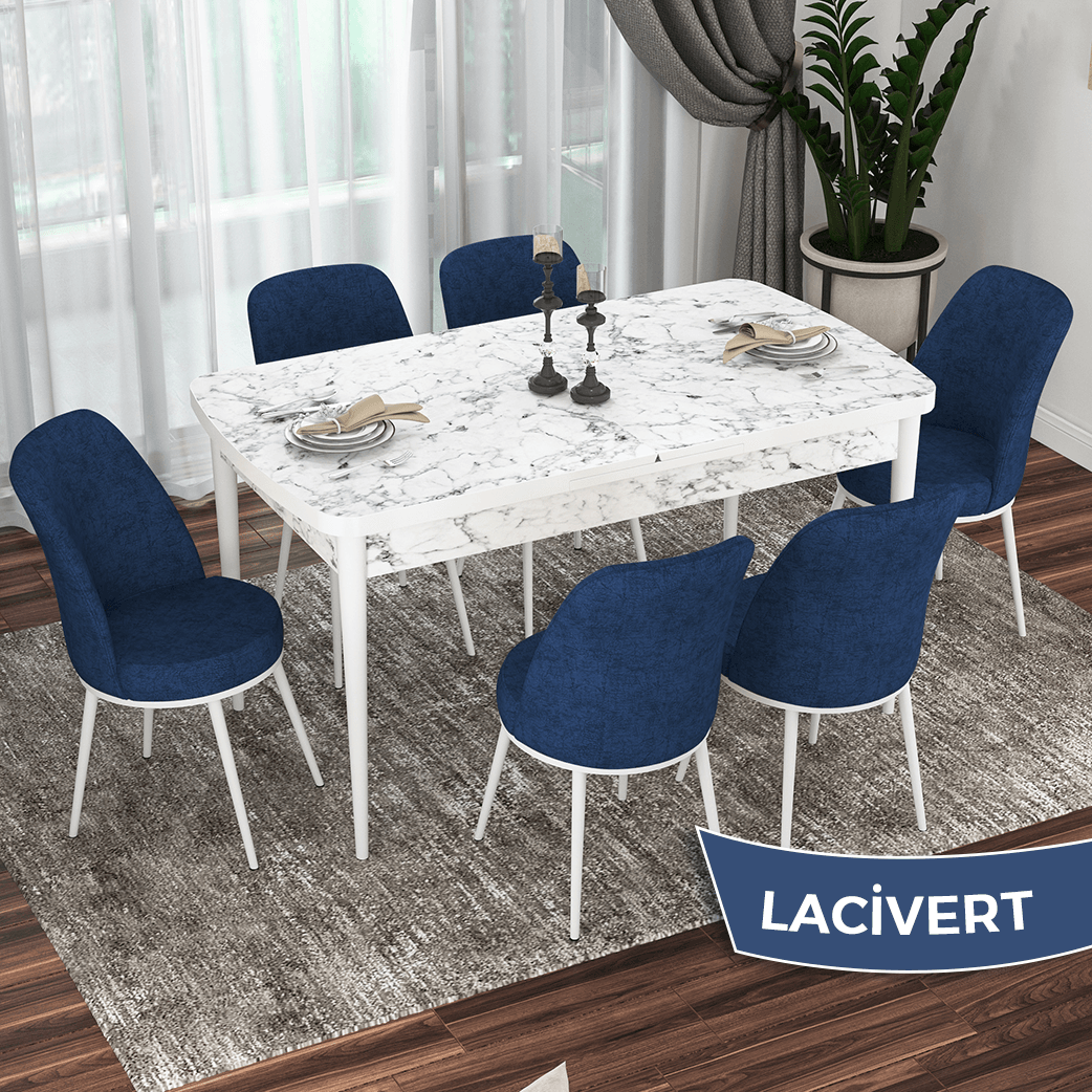 beyaz mermer desen masa sandalyeler lacivert
