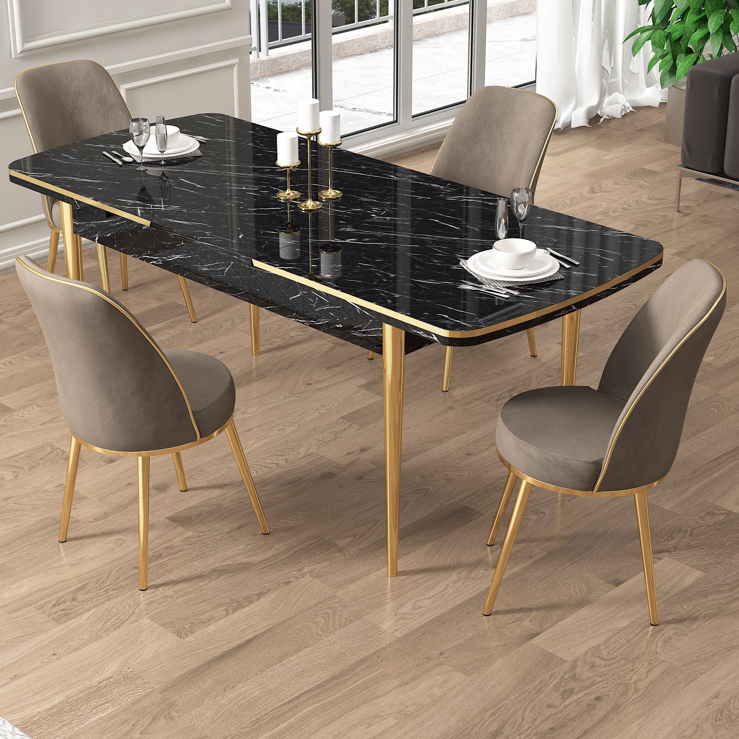 Pale Serisi 80x132 Açılabilir Siyah Mermer Desen Gold Detay Masa Takımı ve 4 Sandalye