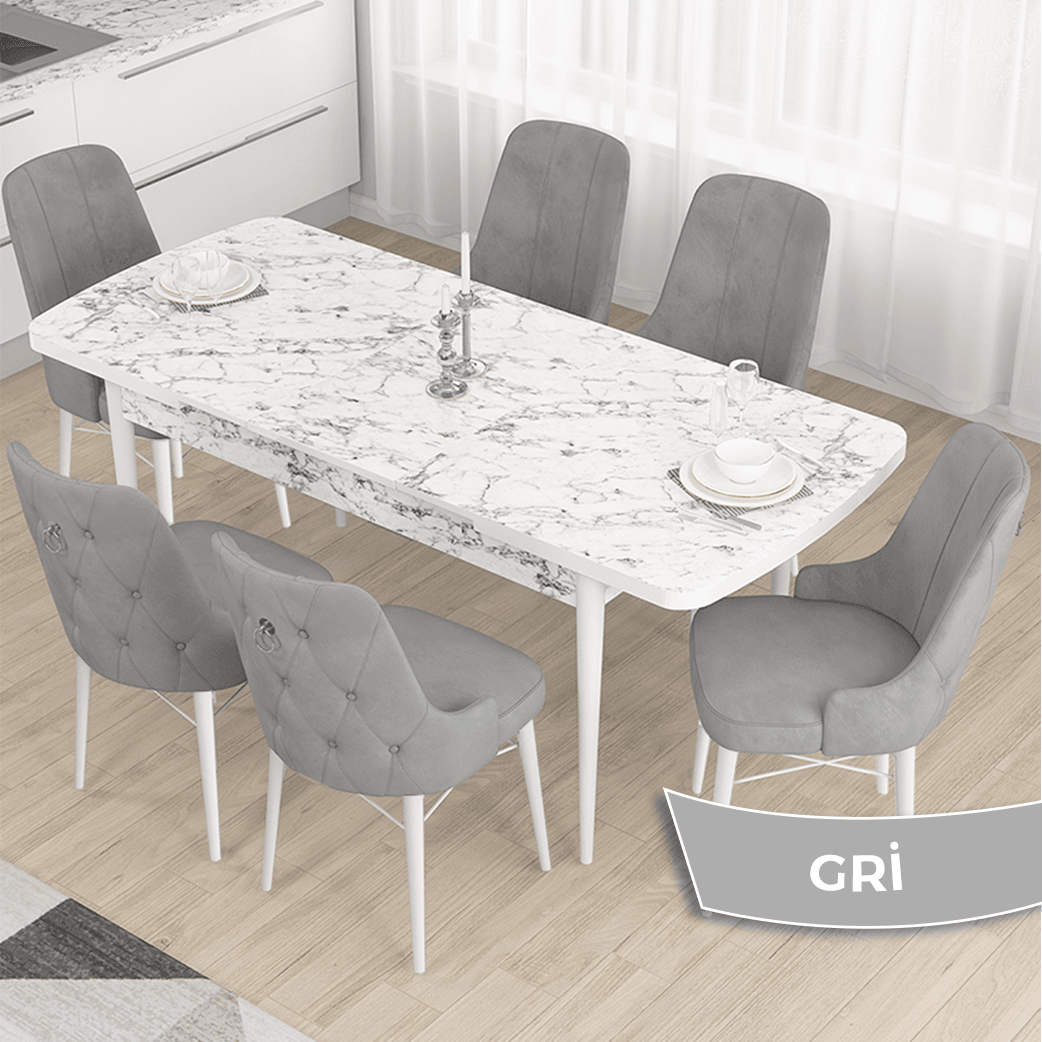 Gri Sandalye Beyaz Mermer Desen Masa