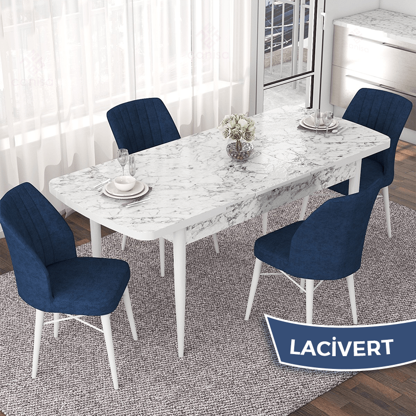 Masa Beyaz Mermer Desen Sandalye lacivert