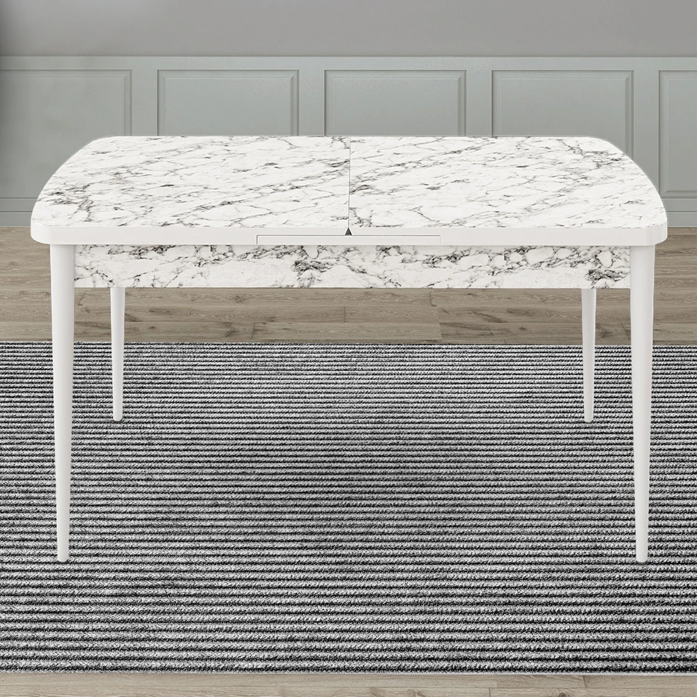 Due Serisi 80x132 Açılabilir Beyaz Mermer Desen Masa Takımı 4 Sandalye Ve 1 Bench