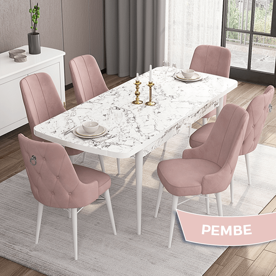 Pembe Sandalye beyaz Mermer Desen Masaa