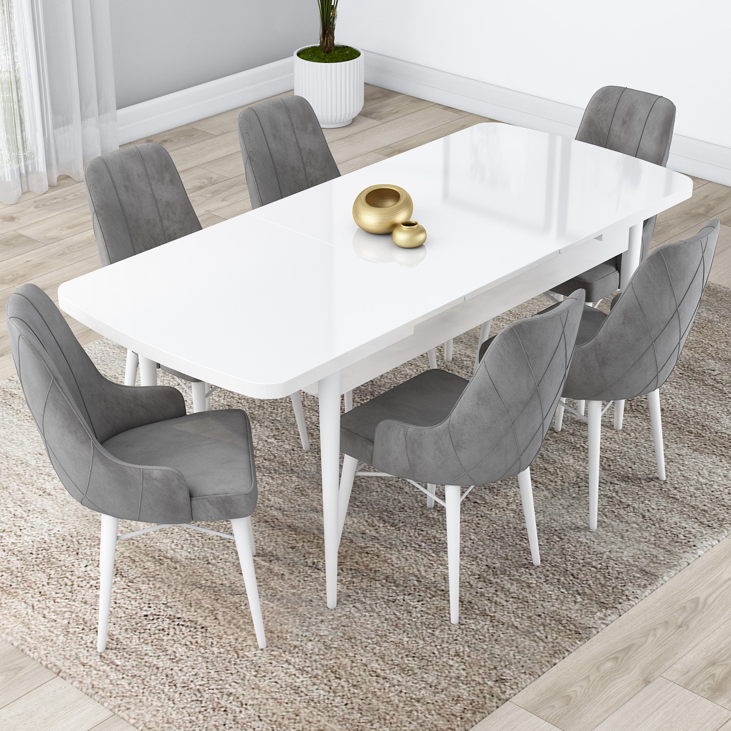 Lia Serisi 80x132 Açılabilir Beyaz Masa Takımı ve 6 Sandalye