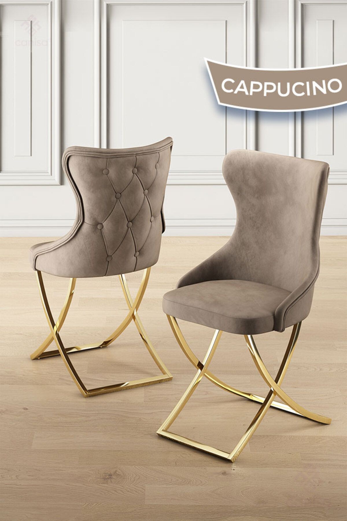 İra Serisi 90x168 Lak Panel Antrasit İroni Masa ve 6 Sandalye Gold Kaplama Ayak