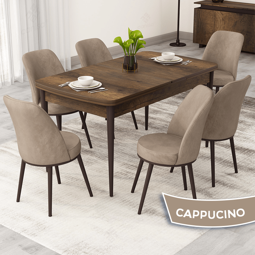 Nix Serisi 70x114 Açılabilir Barok Ahşap Desen Mutfak Masası Takımı ve 6 Sandalye