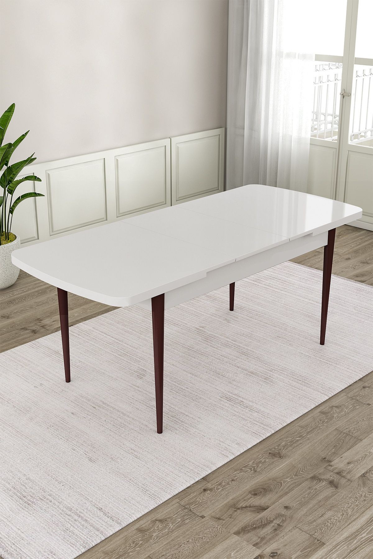 Roy Serisi 80x132 Mdf Açılabilir Beyaz Masa Ceviz Ayak Masa Takımı 4 Sandalye Ve 1 Bench