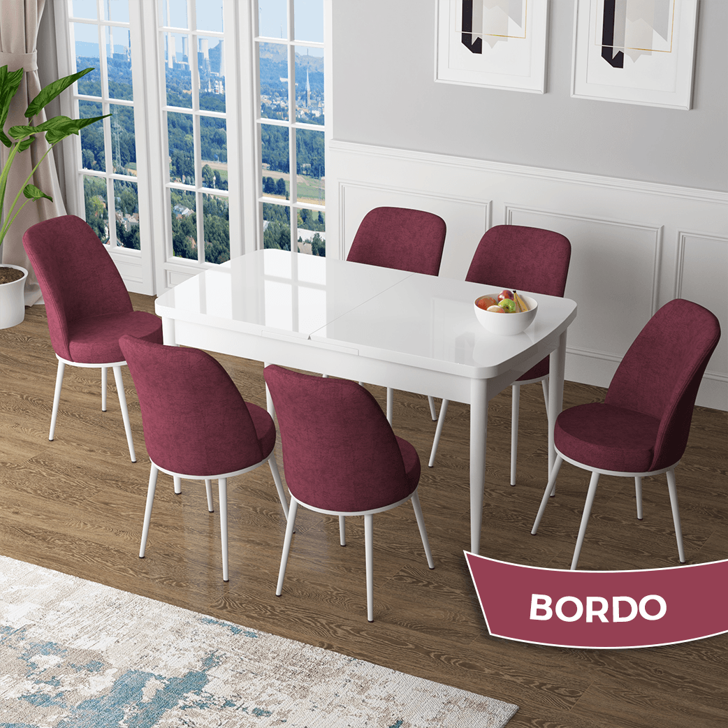 masa beyaz sandalyeler bordo