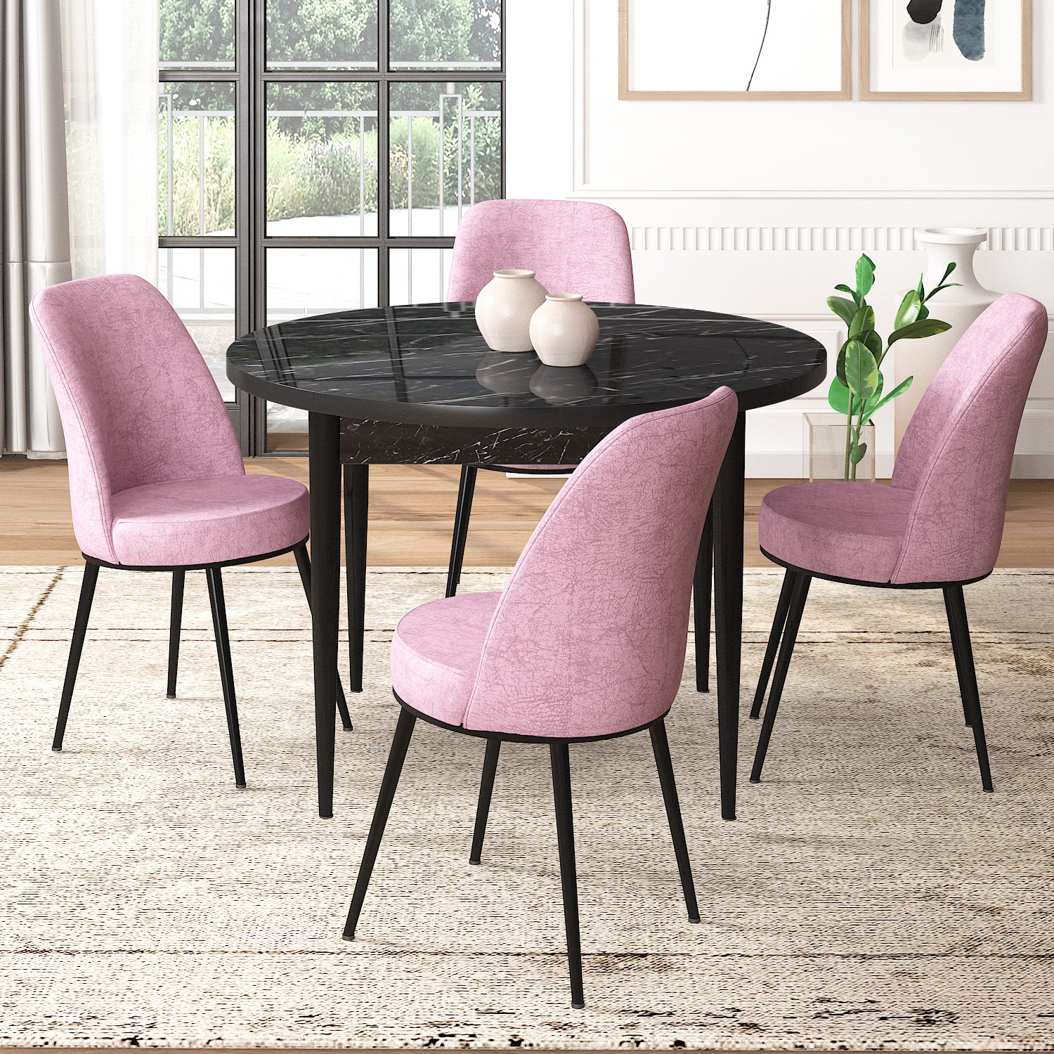 Pembe Sandalye Siyah Mermer Desen Masa