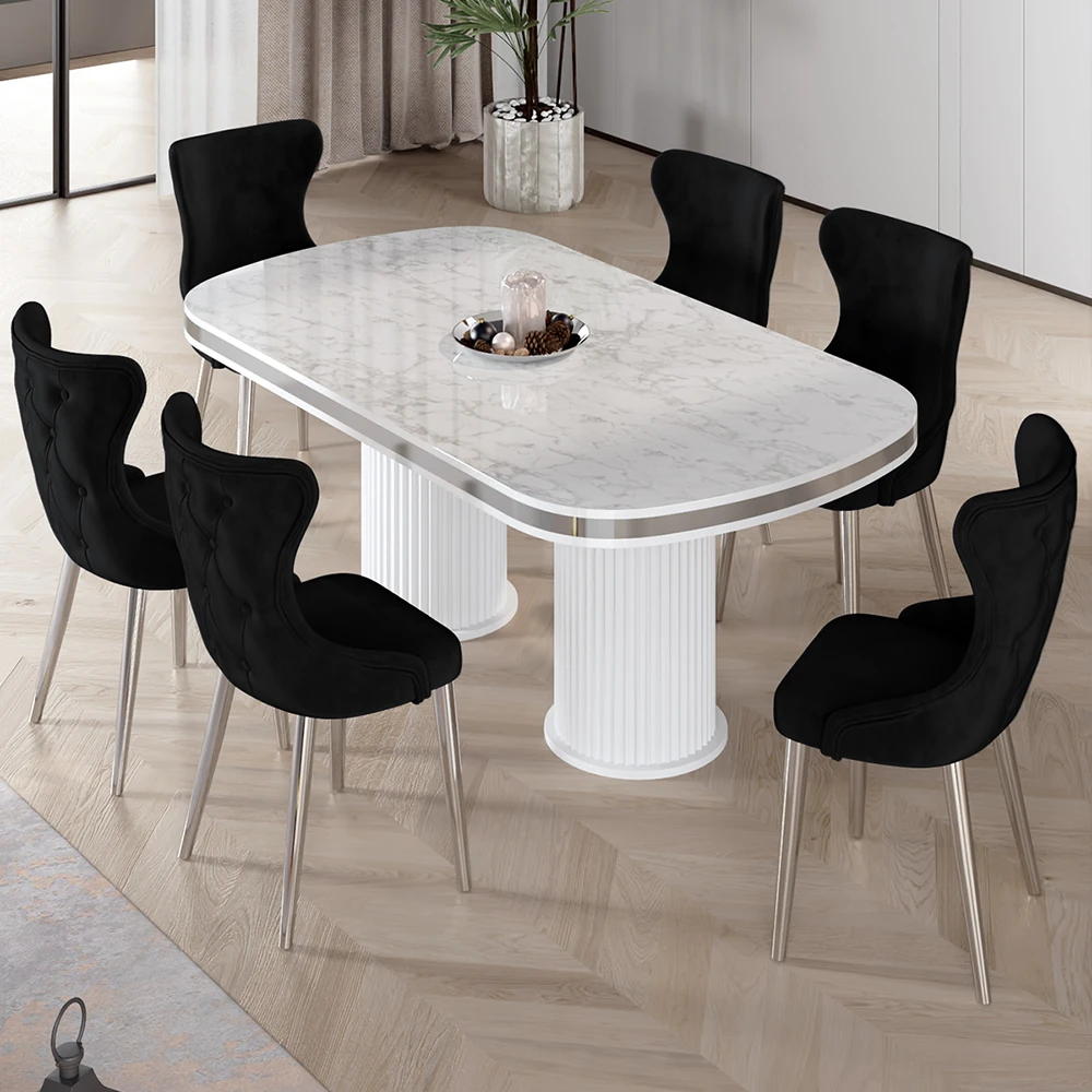 Beyaz Mermer Desen Masa Siyah Sandalye Ayaklar Krom