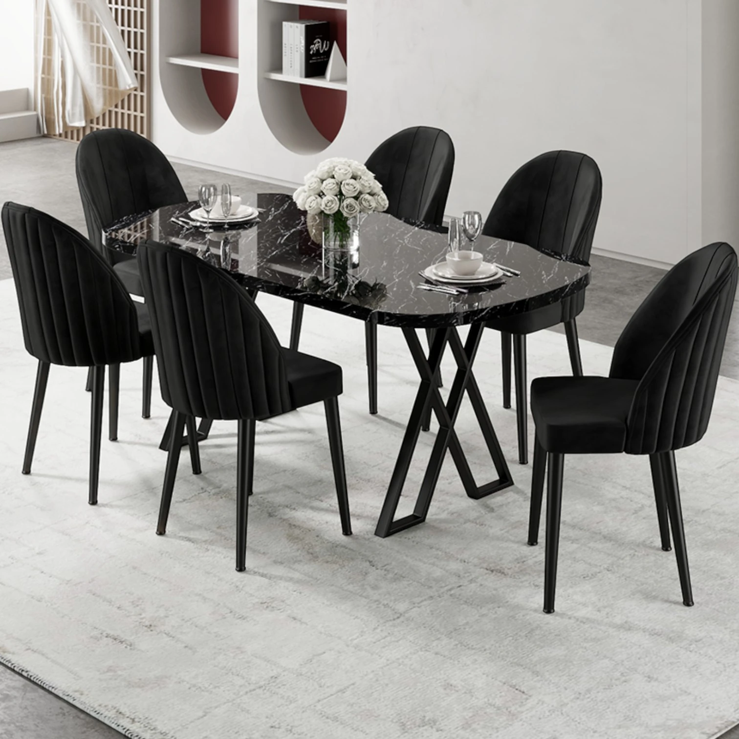 Kaye Serisi Mdf 90x168 Siyah Mermer Desen Mutfak Masası Takımı 6 Sandalye