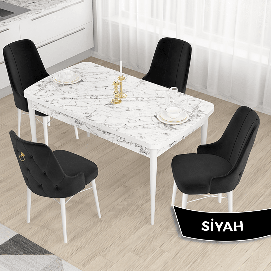 Si̇yah Sandalye Beyaz Mermer Desen Masa