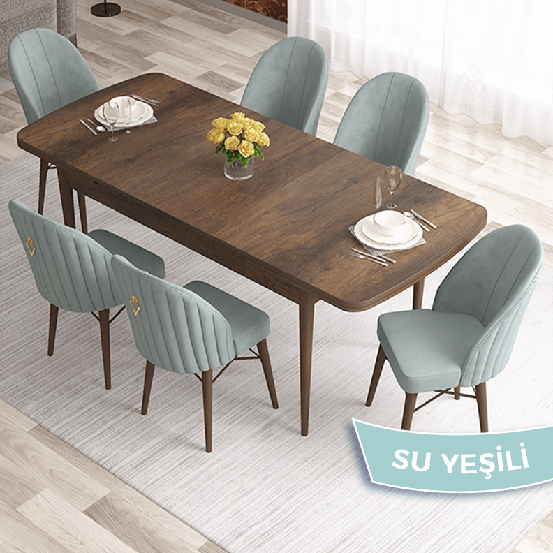 Elf Serisi 80x132 Açılabilir Barok Ahşap Desen Masa Takımı ve 6 Sandalye
