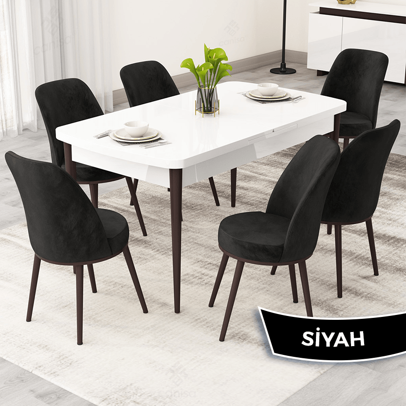 beyaz masa ayakları ceviz sandalye siyah