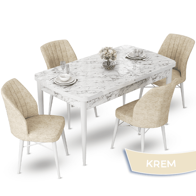 Fer Serisi 70x114 Açılabilir Beyaz Mermer Desen Masa Takımı ve 4 Sandalye