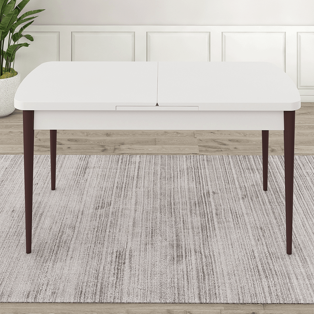 Are Serisi 80x132 Mdf Açılabilir Gümüş Halka Beyaz Masa Ceviz Ayak Masa Takımı 4 Sandalye Ve 1 Bench