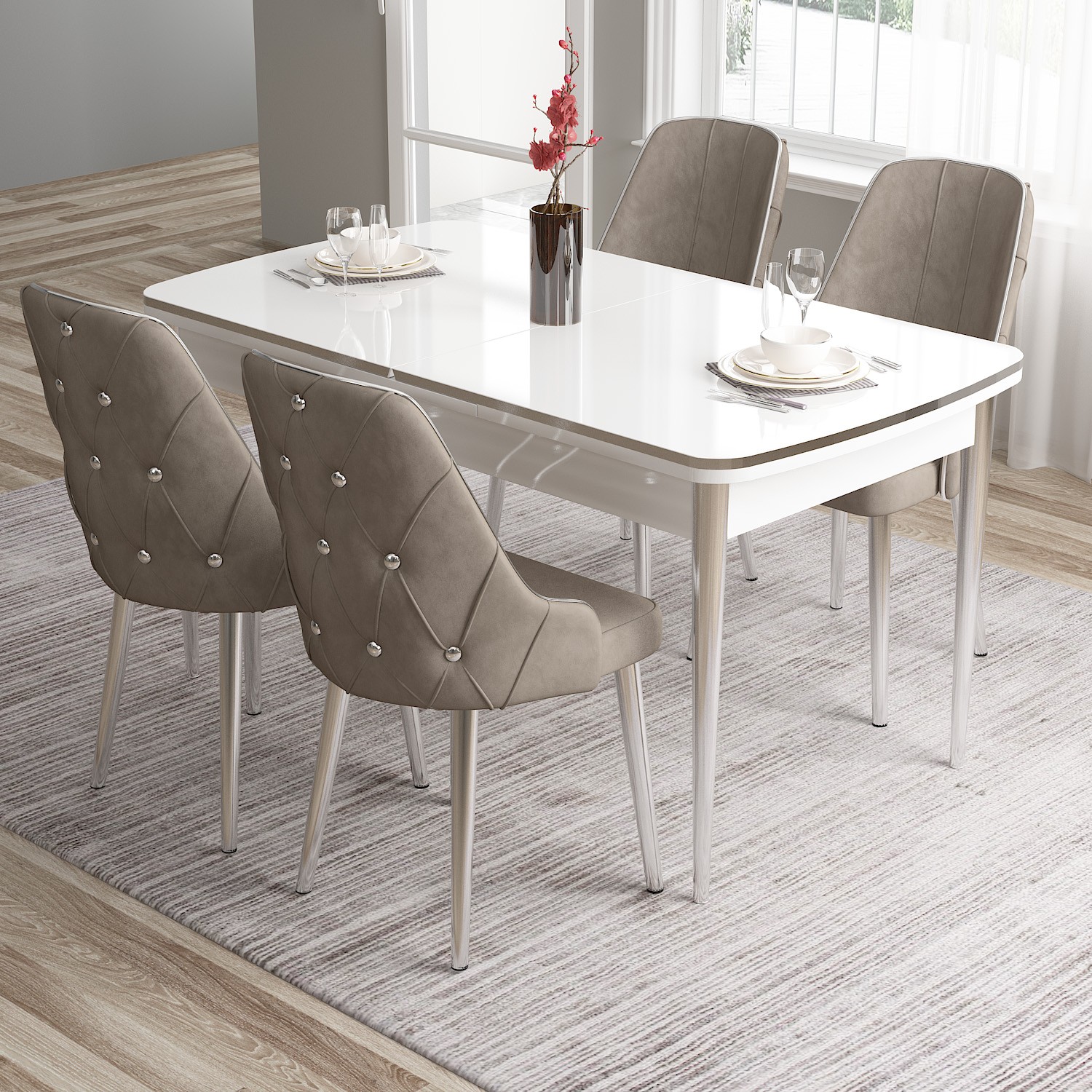 Tia Serisi 80x132 Mdf Açılabilir Krom Ayak Beyaz Masa Takımı Ve 4 Sandalye