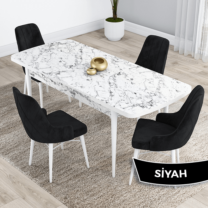 Kar Serisi 80X132 Mdf Açılabilir Beyaz Mermer Desen Masa Takımı Ve 4 Sandalye