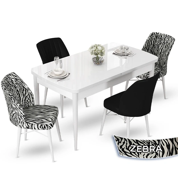 masa beyaz 2 zebra desen 2 siyah sandalye