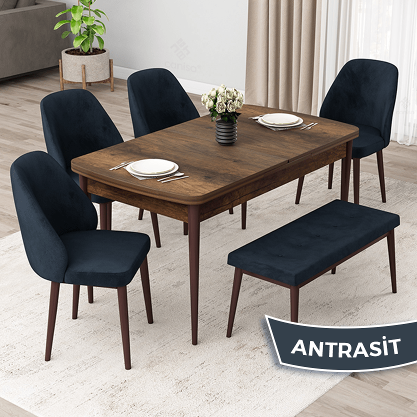 Orf Serisi 80x132 Açılabilir Barok Ahşap Desen Masa Takımı 4 Sandalye Ve 1 Bench