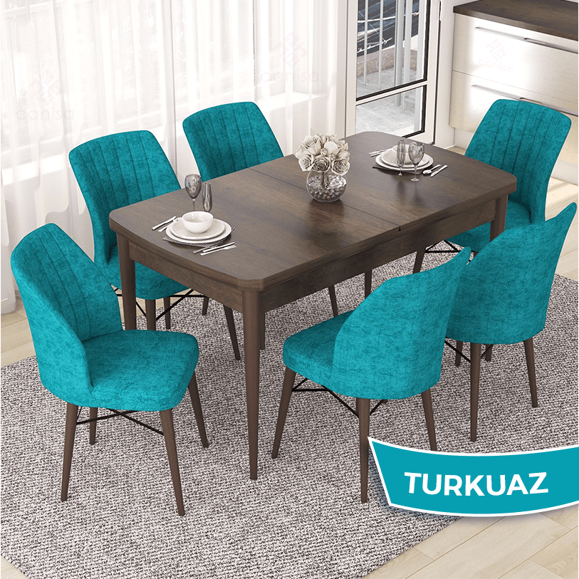 Nef Serisi 70x114 Açılabilir Mdf Barok Ahşap Desen Masa Takımı Ve 6 Sandalye