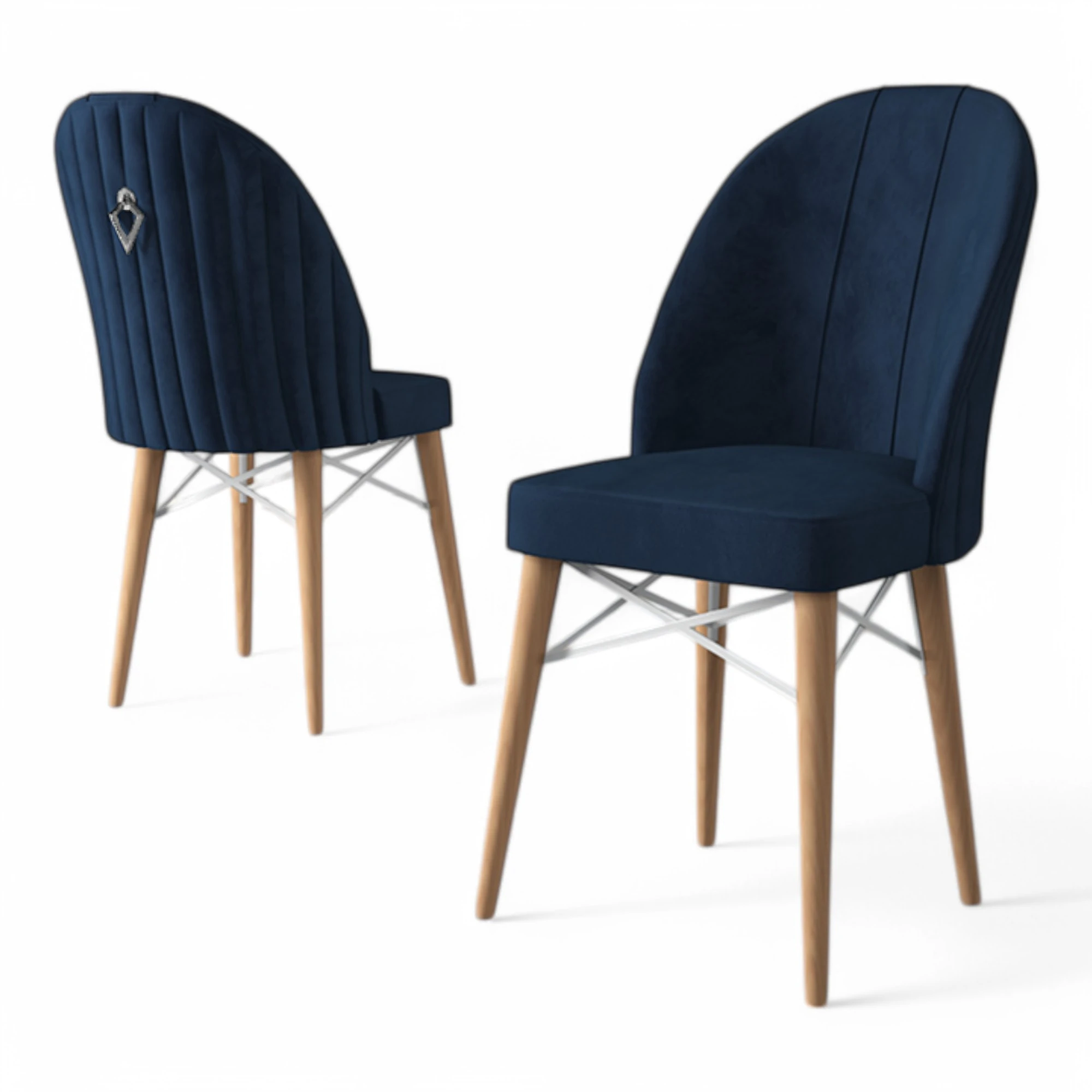 Lacivert Renk Sandalye / Doğal Ahşap Ayak