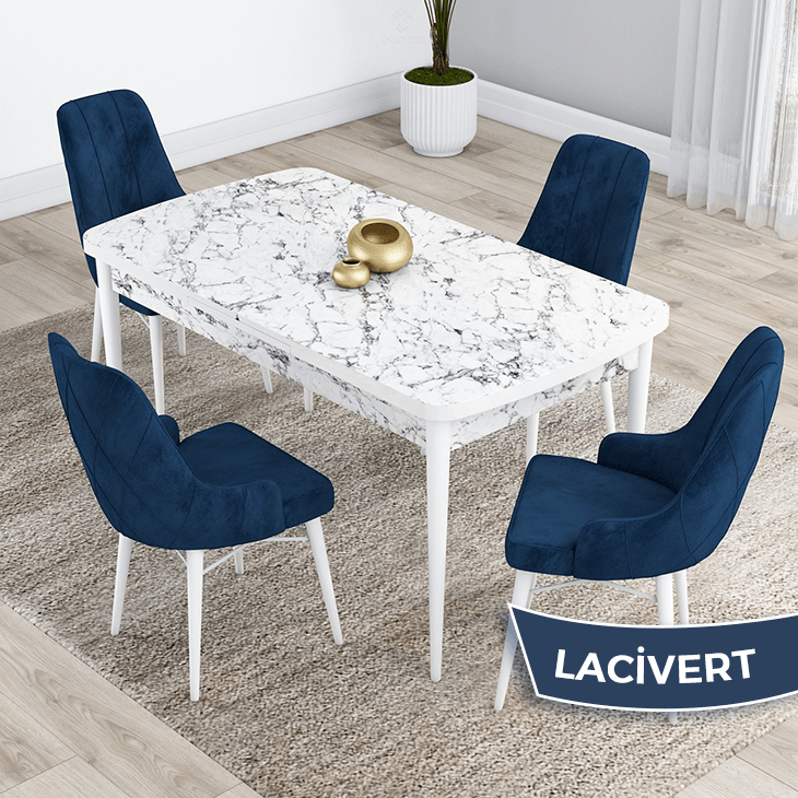 masa beyaz mermer desen sandalyeler lacivert