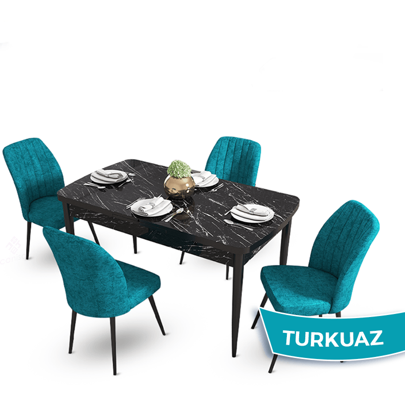 masa siyah mermer desen sandalye turkuaz