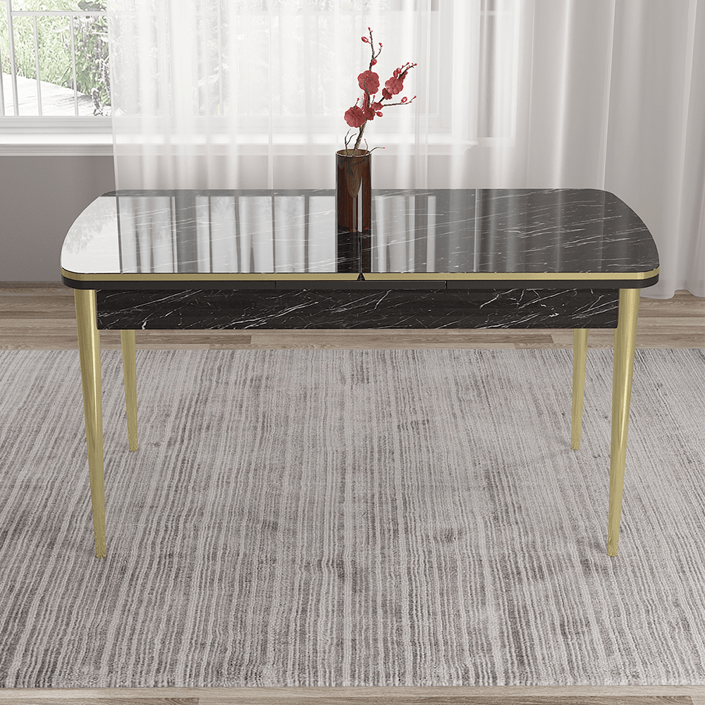 Pale Serisi 80x132 Açılabilir Siyah Mermer Desen Gold Detay Masa Takımı ve 6 Sandalye