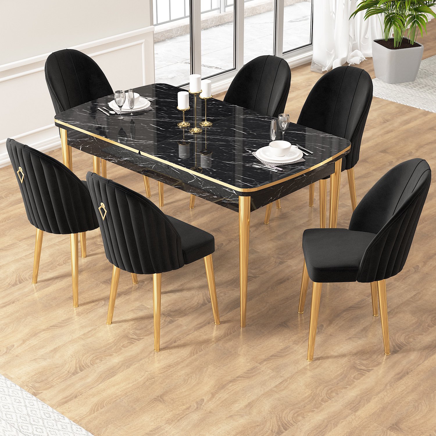 Edaf Serisi 80x132 Açılabilir Gold Detay Siyah Mermer Desen Masa Takımı ve 6 Sandalye