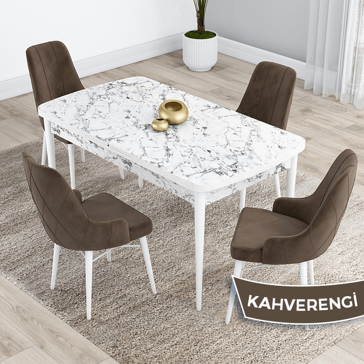 masa beyaz mermer desen sandalye kahverengi