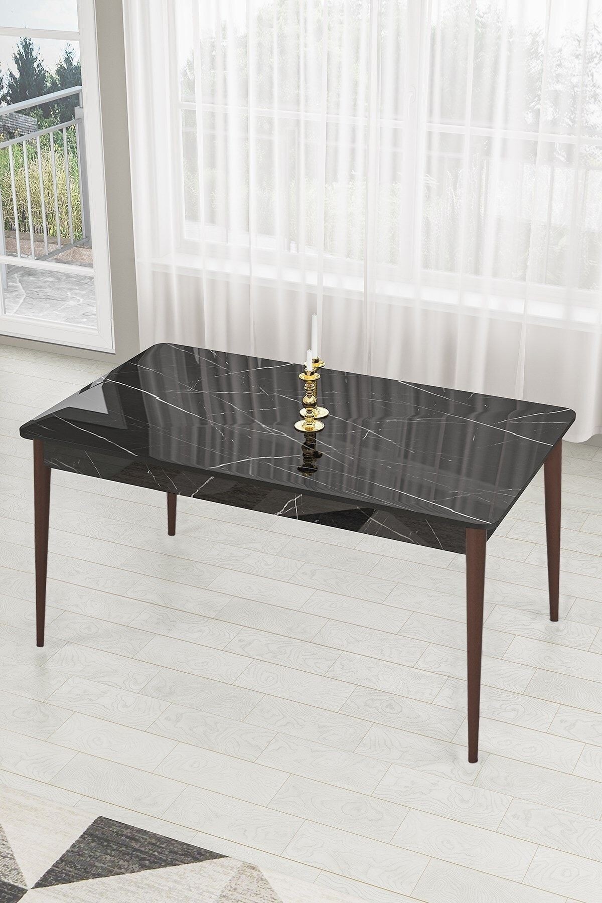 Pir Serisi 80x130 Sabit Siyah Mermer Desen Masa Kahve Ayak Masa Takımı 4 Sandalye Ve 1 Bench
