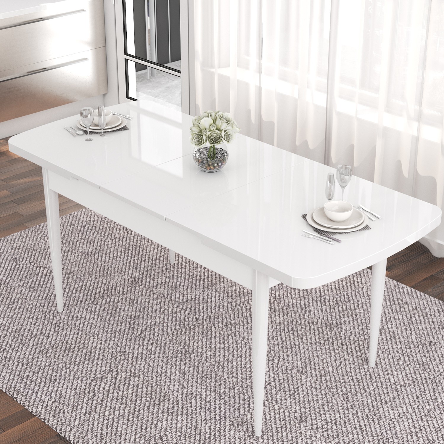 Taç Serisi 80x132 Açılabilir Gold Halka Beyaz Masa Takımı ve 4 Sandalye