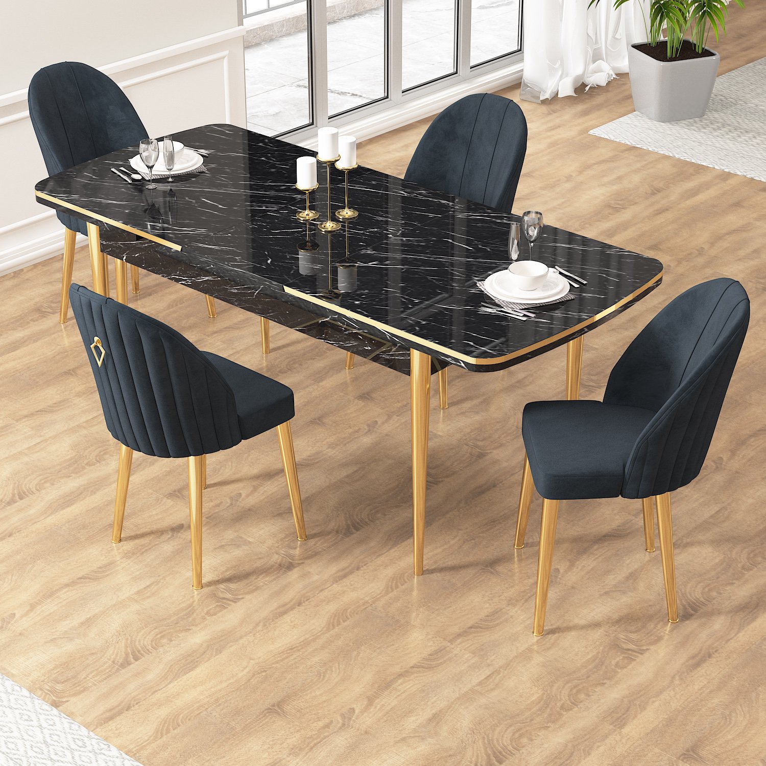 Edaf Serisi 80x132 Açılabilir Gold Detay Siyah Mermer Desen Masa Takımı ve 4 Sandalye