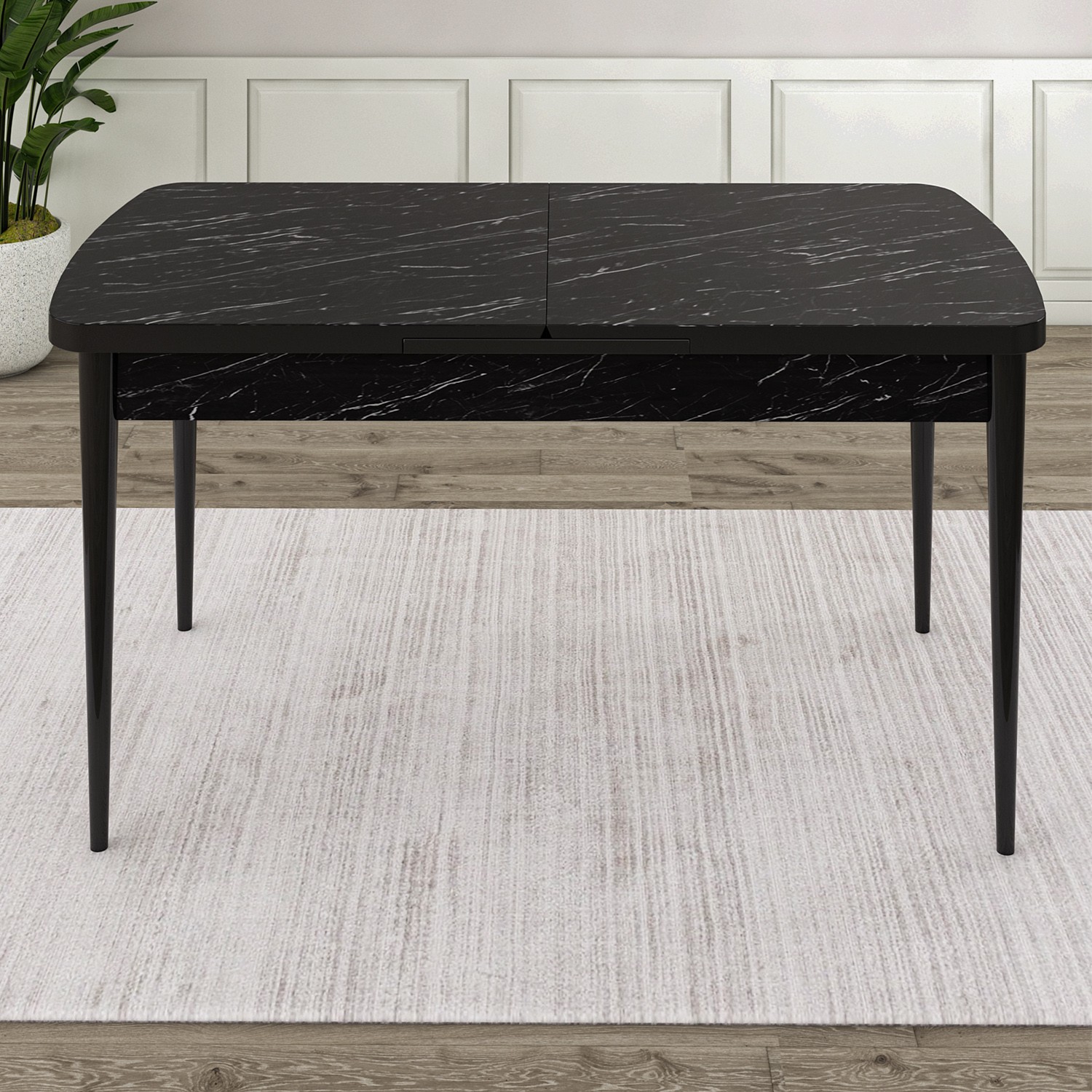 Oga Serisi 80x132 Açılabilir Siyah Mermer Desen Masa Takımı Ve 6 Sandalye