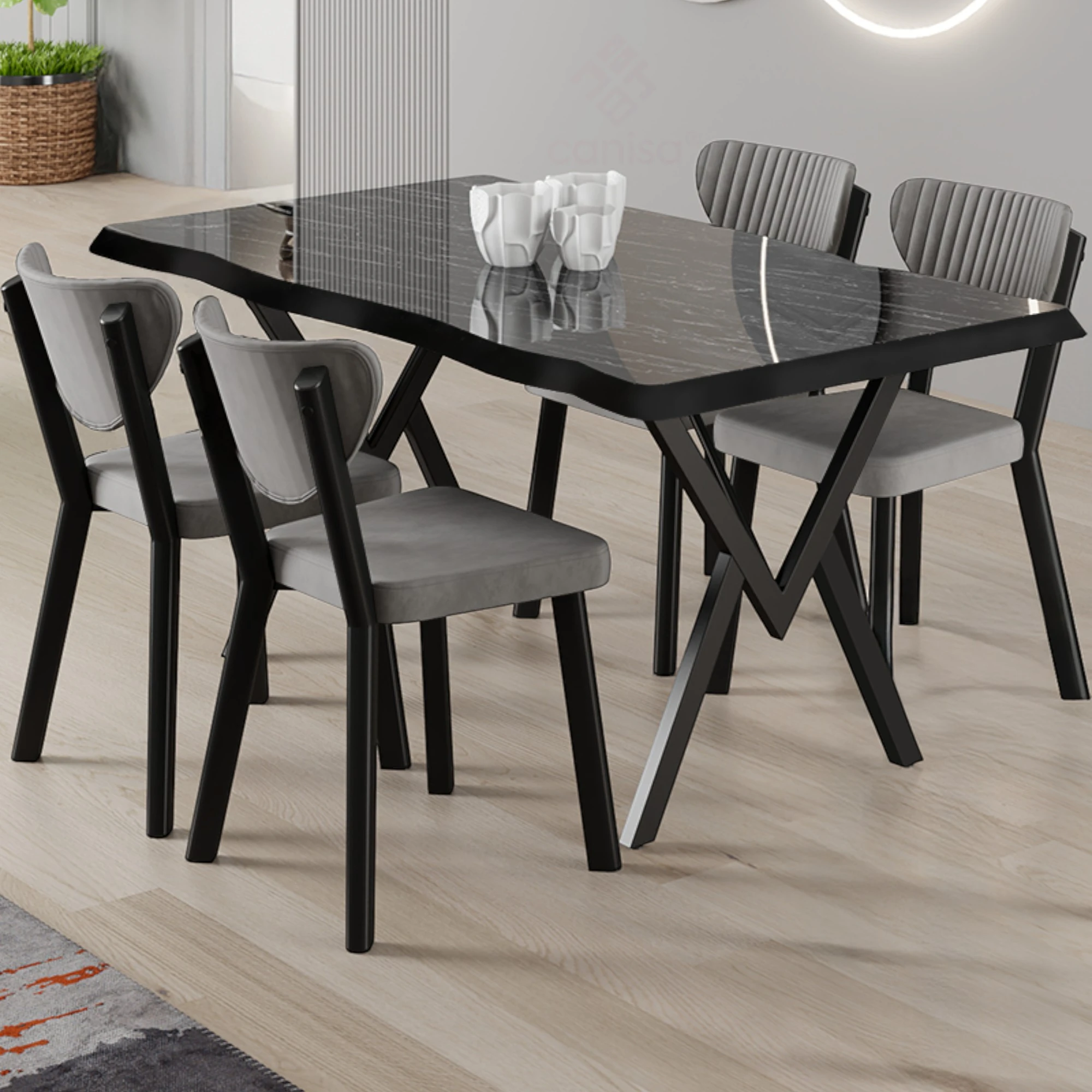 Siyah Mermer Desen Masa Gri Sandalye