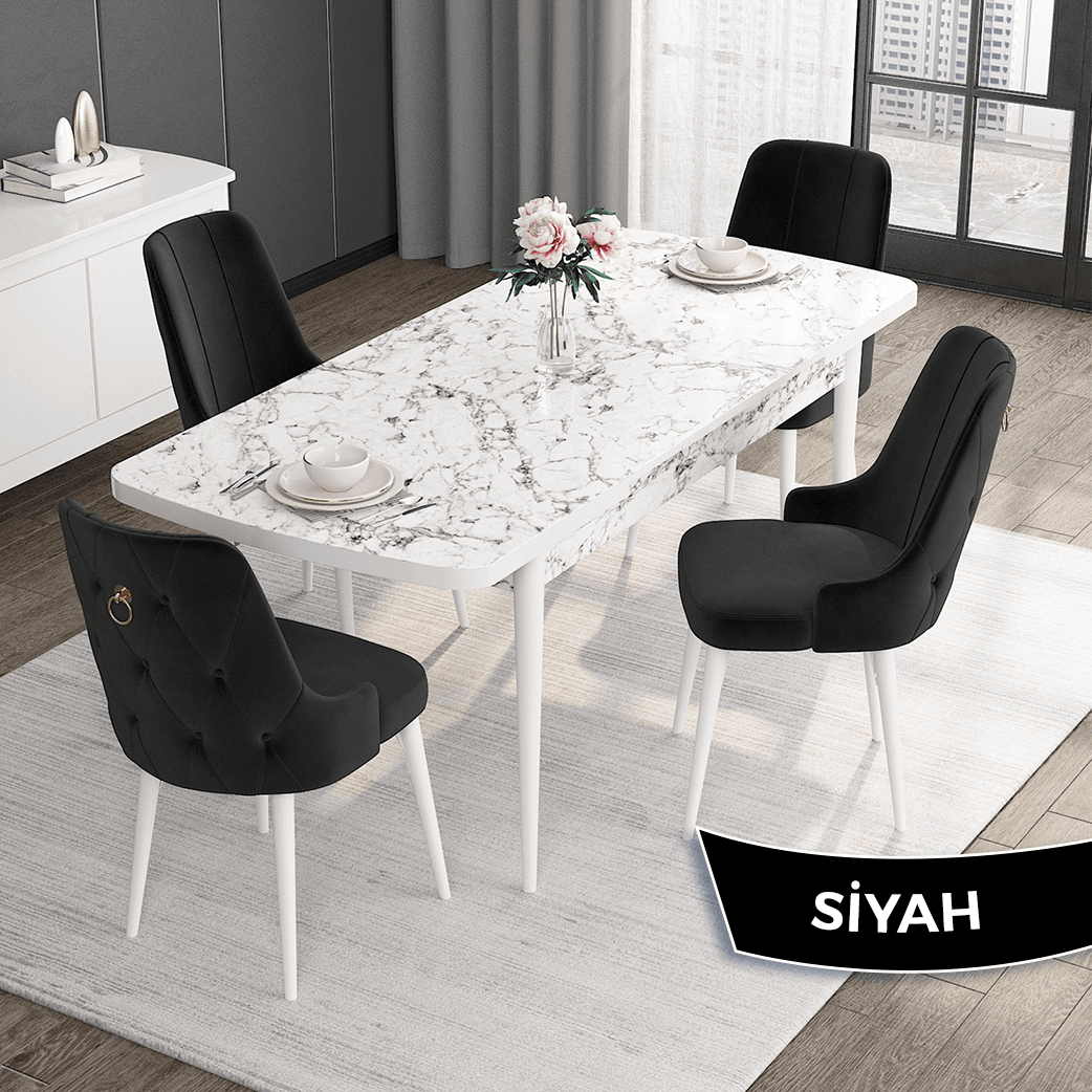 Si̇yah Sandalye Beyaz Mermer Desen Masa