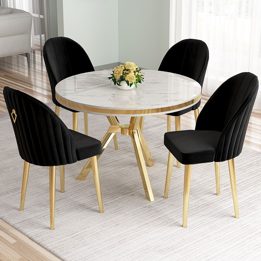 Mos Serisi 90x90 Lak Panel Beyaz Mermer Desen Gold Kaplama Ayaklı Masa Takımı ve 4 Sandalye