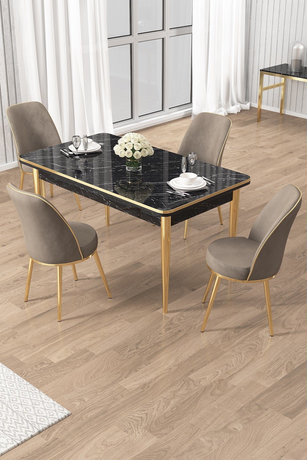 Rewa Serisi 70x110 Sabit Siyah Mermer Desen Gold Detay Masa Takımı ve 4 Cappucino Sandalye