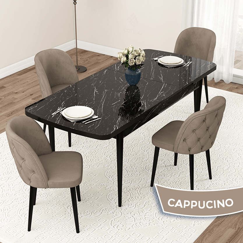 Masa Siyah Mermer Desen Sandalye Cappucino Renk