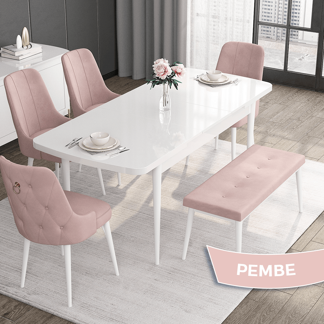 Pembe Sandalye beyaz Mermer Desen Masaa