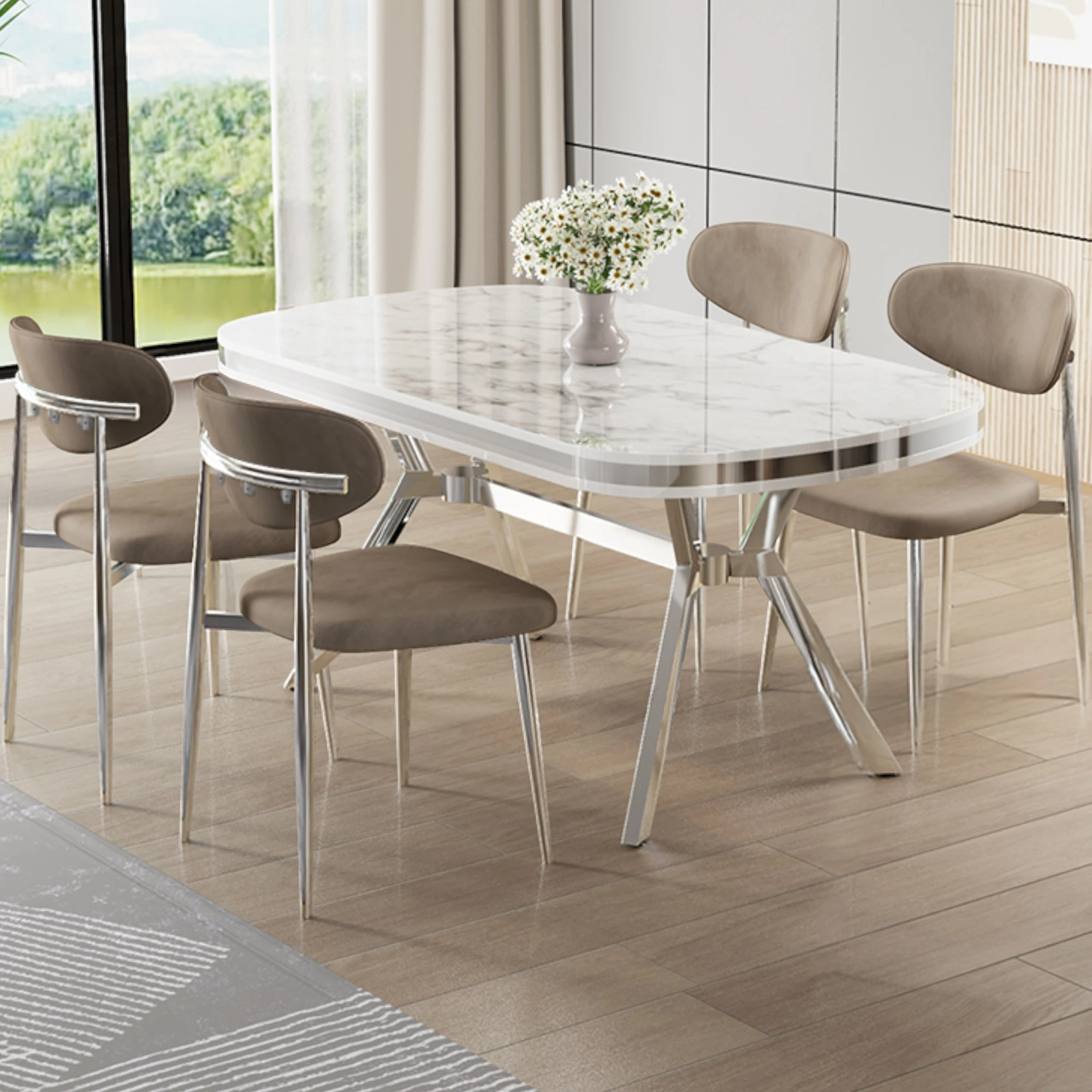 Olya Serisi 90x168 Lak Panel Beyaz Mermer Desen Masa Takımı Krom Ayaklı 4 Sandalye