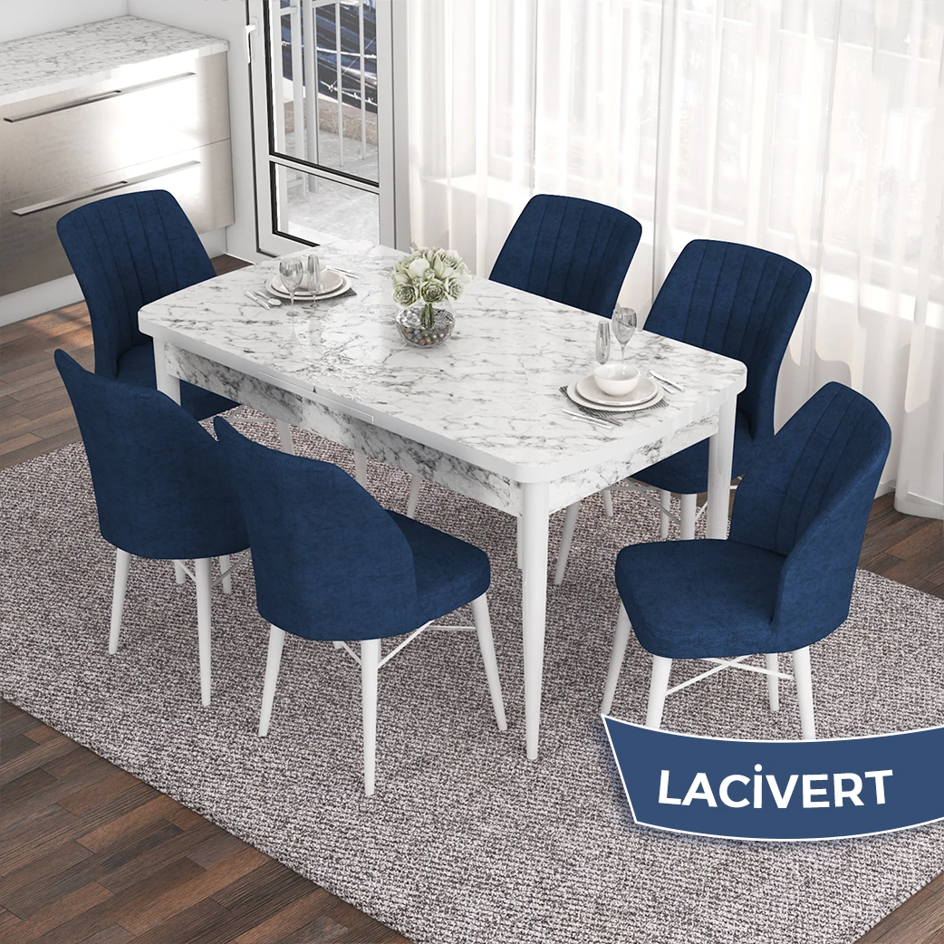 Beyaz Mermer Desen Masa / Lacivert Sandalye