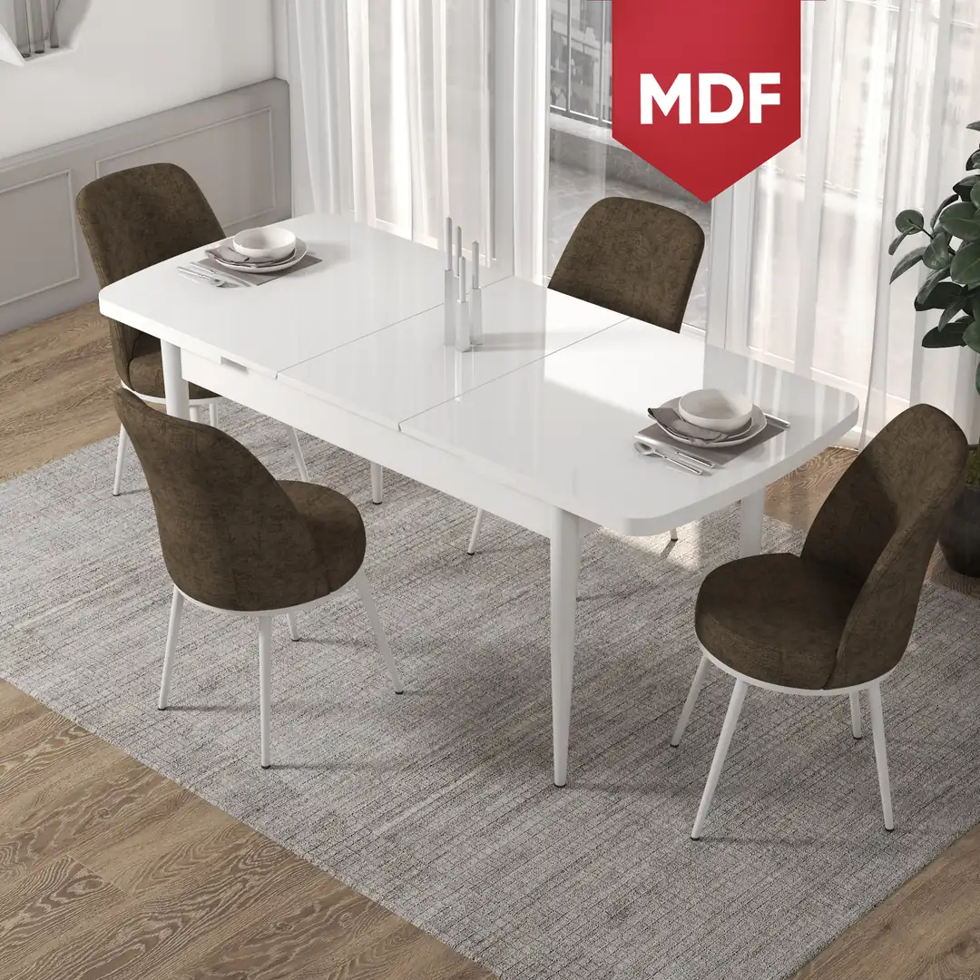Kor Serisi 70x114 Açılabilir MDF Beyaz Mutfak Masası Takımı ve 4