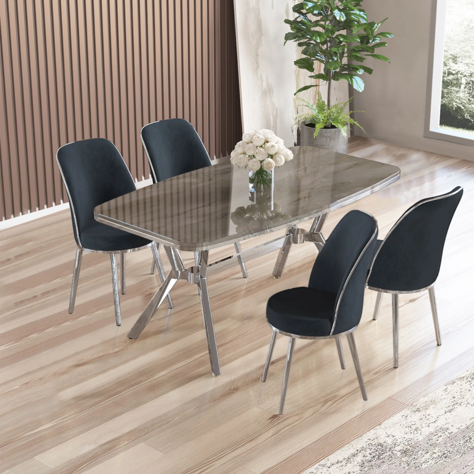 Lena Serisi 90x160 Antrasit İroni Krom Kaplama Ayaklı Masa Takımı