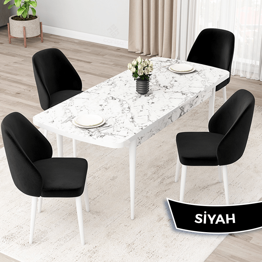 masa beyaz mermer desen sandalye siyah