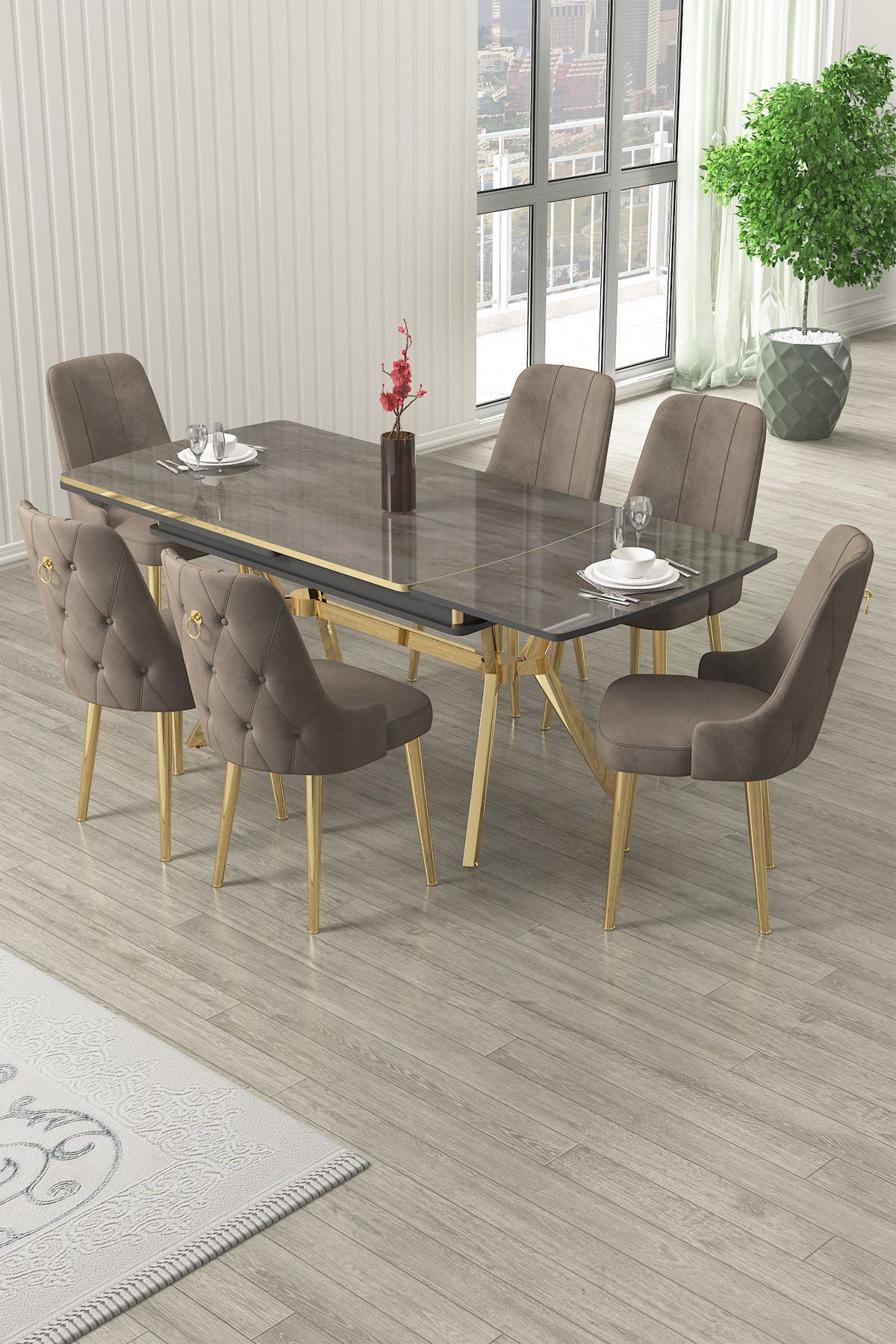 Nis Serisi 89x150 Açılabilir Lak Panel Antrasit İroni Masa ve 6 Sandalye Gold Kaplama Ayak
