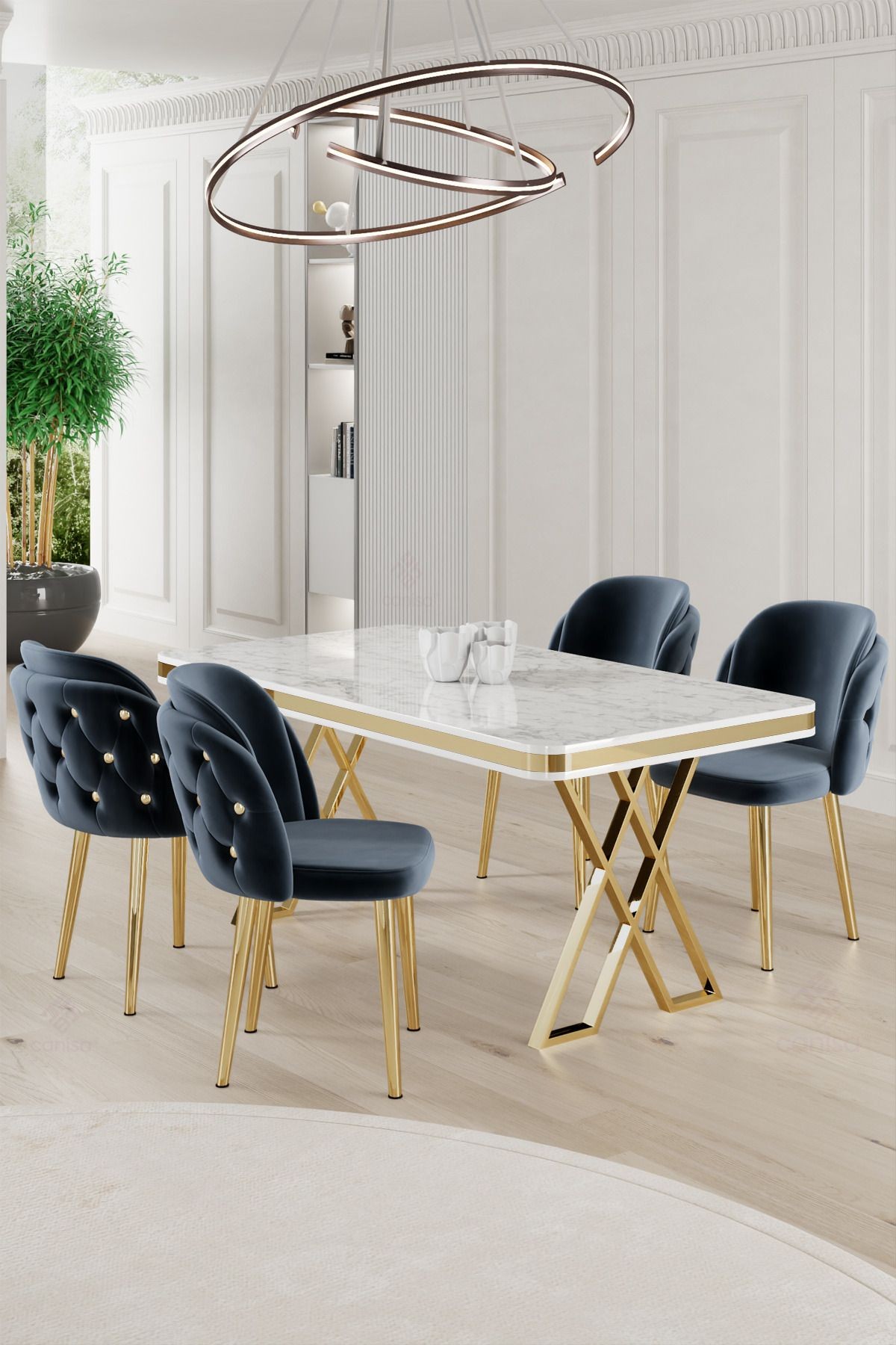 Rigel Serisi 80x130 Lak Panel Beyaz Mermer Desen Masa ve 4 Sandalye Gold Kaplama Ayak
