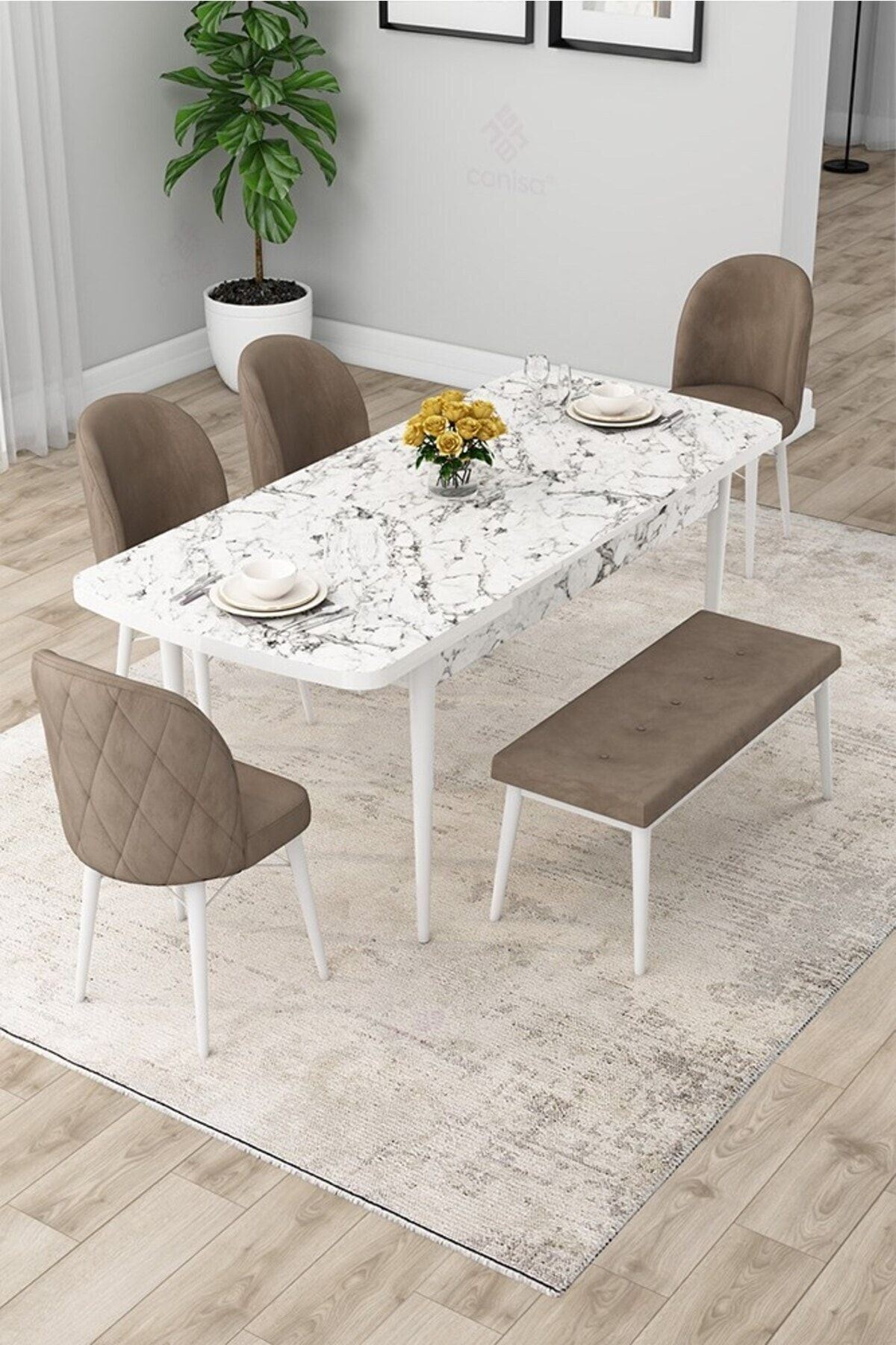 Rut Serisi 80x132 Açılabilir Beyaz Mermer Desen Masa Takımı 4 Sandalye Ve 1 Bench