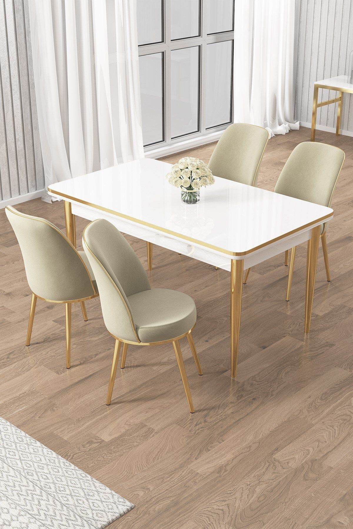 Rewa Serisi 70x110 Sabit Beyaz Gold Detay Masa Takımı ve 4 Krem Sandalye